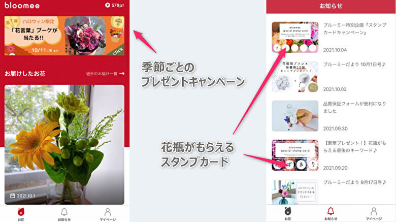 ブルーミーのアプリ 使い方 お花のお届けやキャンペーン情報が届く
