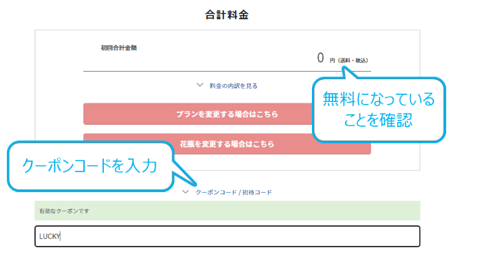 ブルーミーの申し込み方法 クーポンコード入力画面